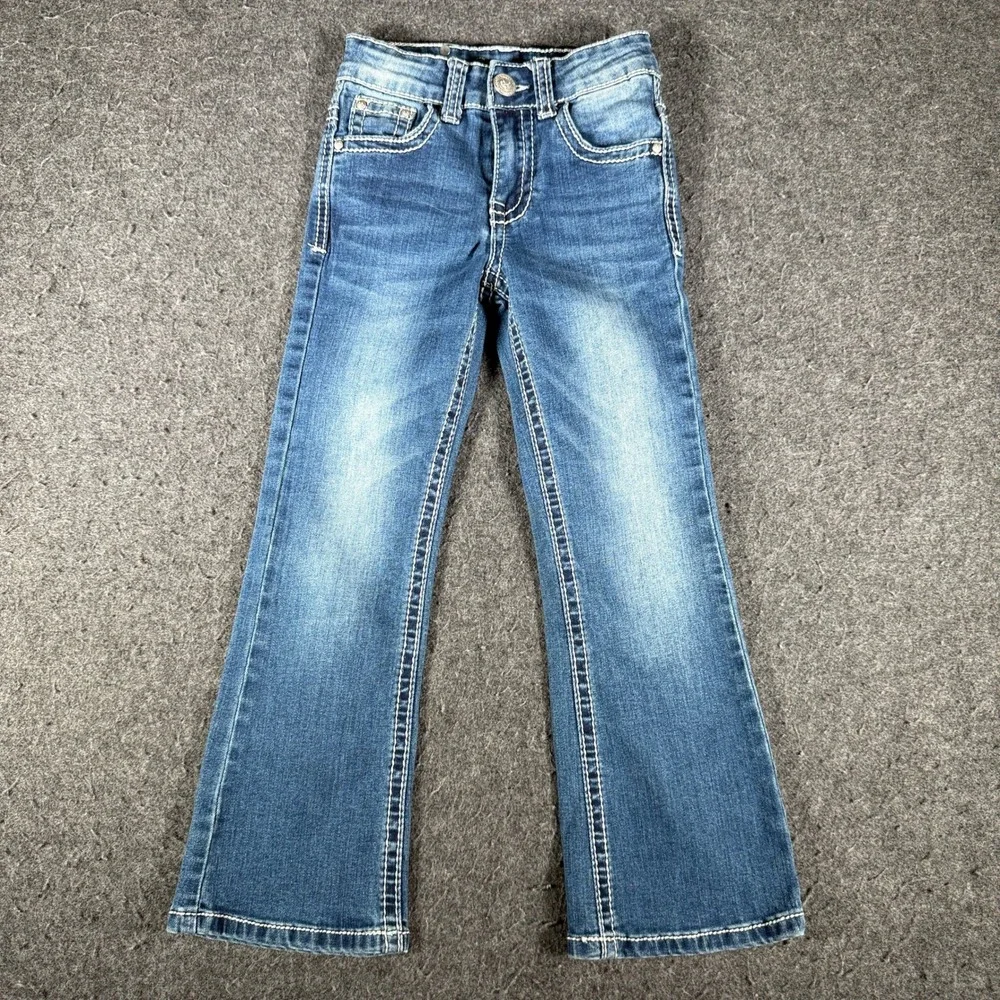 Wired Heart Girls Blue Bootcut Jeans Embroidered Cross Rhinestone Size 6